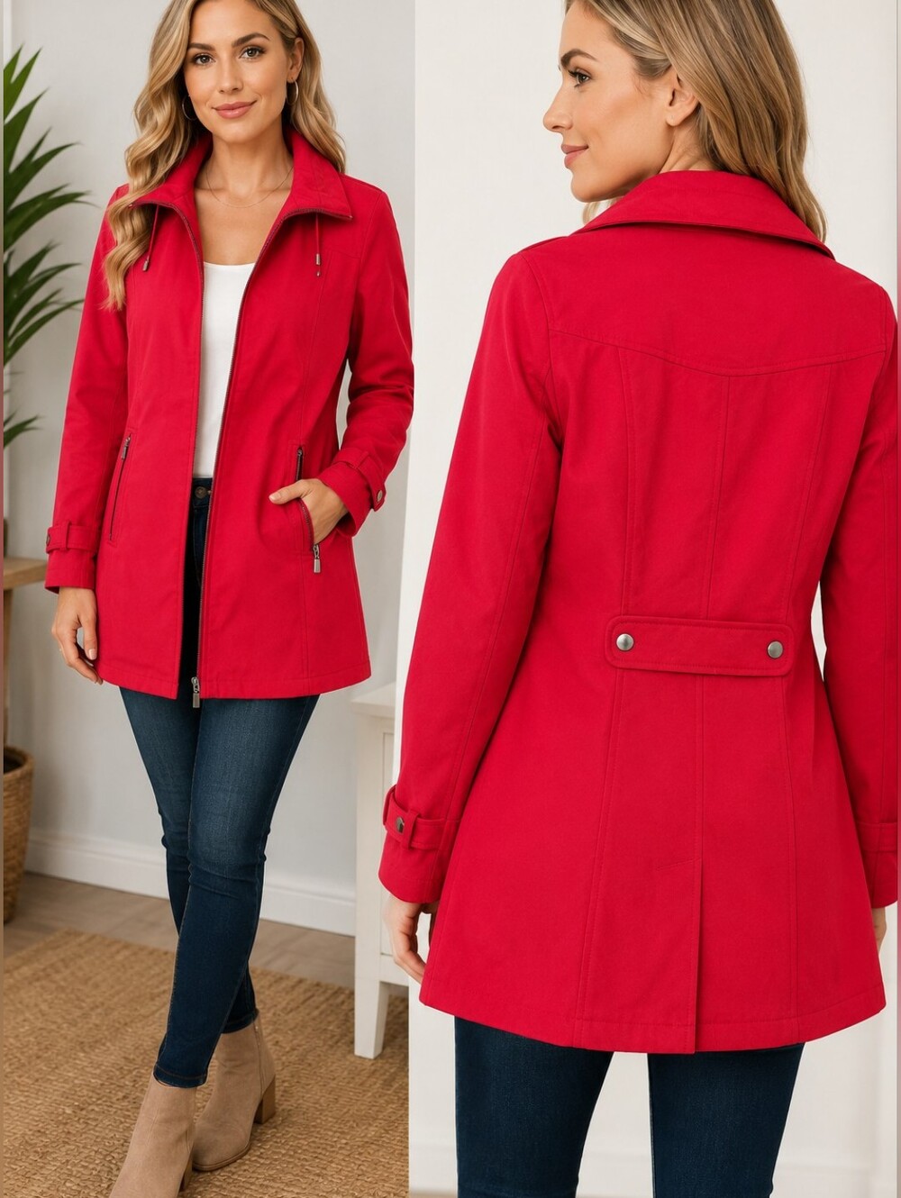 Kristen Blake Vibrant Red Softshell Trench Coat Jacket Sz M Black Quilted Liner